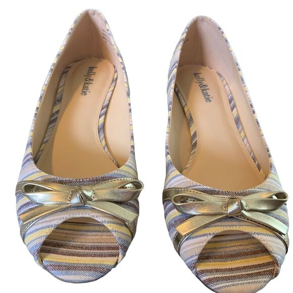 Kelly & Katie Blue Stripe Espadrille Wedge Heels w/ Peep Toe & Gold Size 9 - Picture 3 of 11